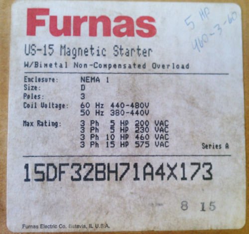 Furnas US15 Starter w/ Nema 1 Enclosure 3 Pole Size D