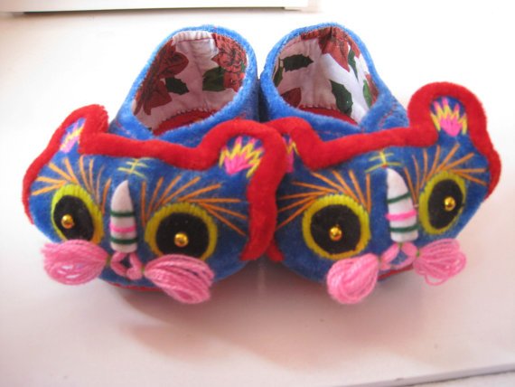 Folk Craft Handmade Tiger Head Baby and Infant Blue Soft Sole Shoes Dance Shoes