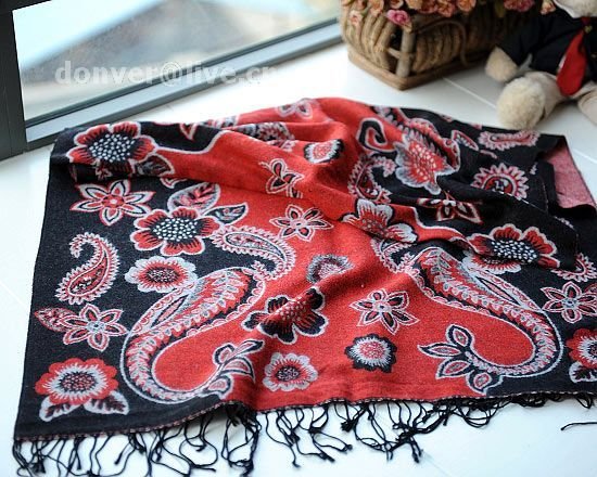 100% wool cashmere twin flower black scarf