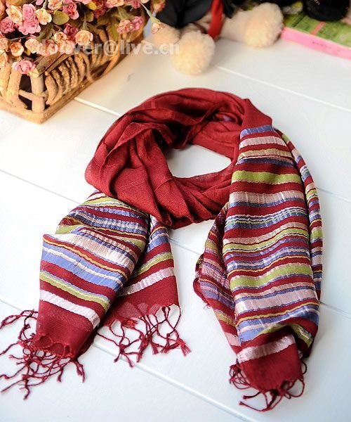 Contracted horizontal stripe red cotton scarf