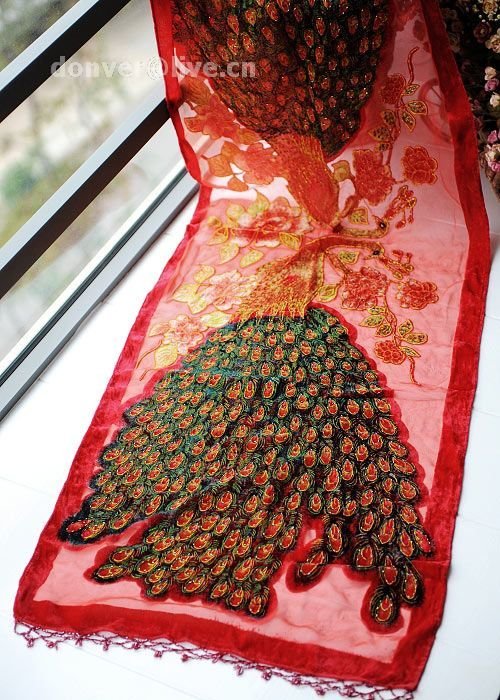 Embroider bead peacock red scarf
