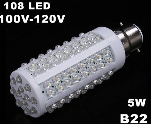 B22 5W 110V 108 Cold White LED Corn Light 10pcs/lot Free Shipping