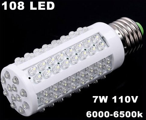 E27 Screw 7W 110V 108 LED Corn White Light Bulb 20pcs/lot Free Shipping