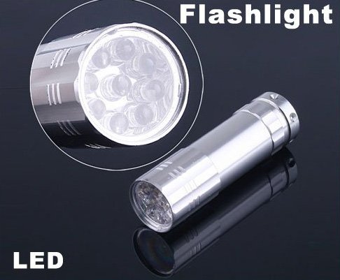 Silver 9 LED Flashlight Aluminium LED Torch Camping Flashlight 10pcs/lot Free Shipping