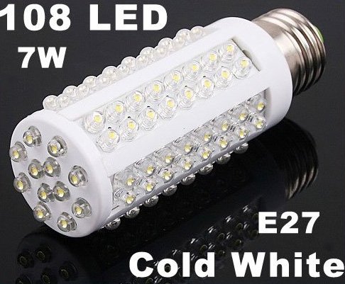 7W 108 LEDs E27 Cold White Bulb Lamp Corn Light 20pcs/lot Free Shipping