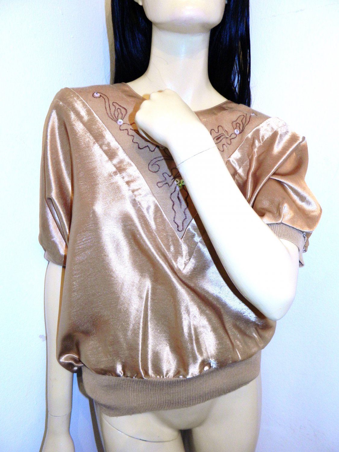 Vintage 70s Metallic Gold Short Sleeve Shirt/Blouse