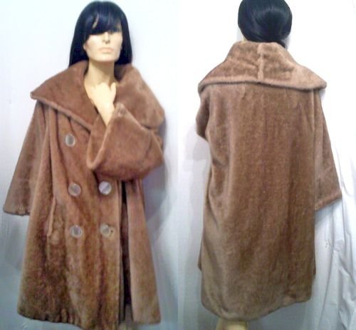 Vtg 60's Bell Sleeve Faux Fur Swing Coat Big Collar ML
