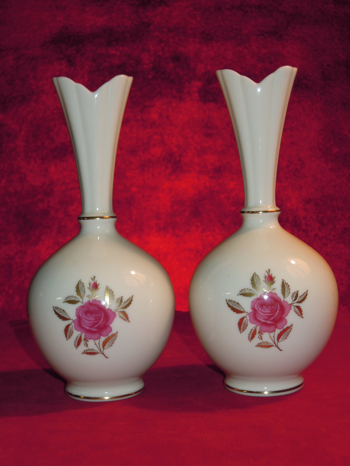 Pair Lenox Vases Rose Flowers Motif White Gold