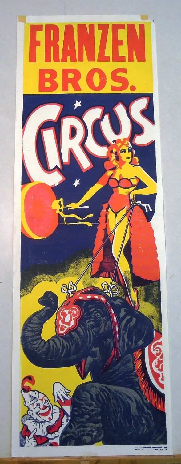 Franzen Brothers Circus Vintage Poster Woman Riding Elephant Clown