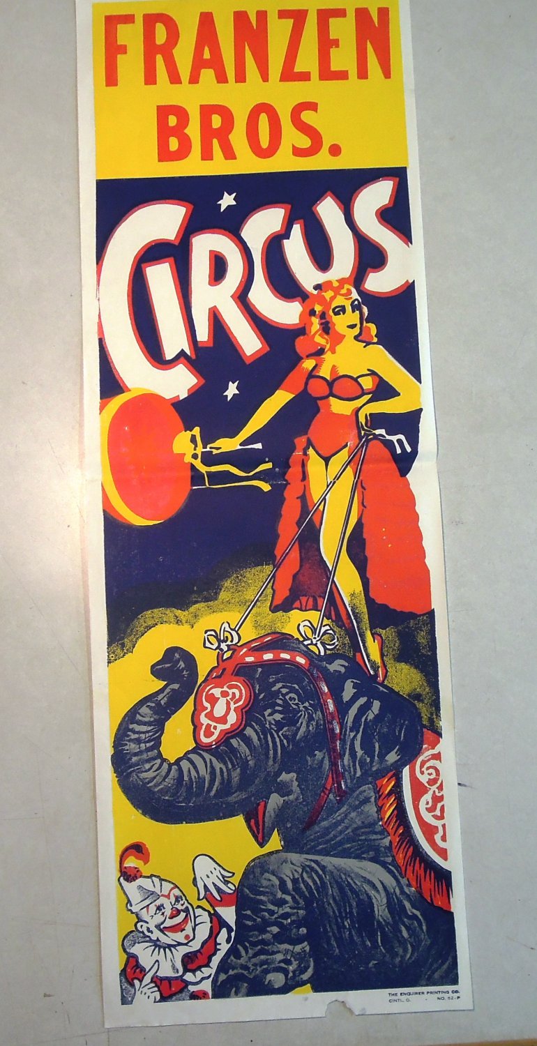 Franzen Brothers Circus Vintage Poster Woman Riding Elephant Clown # 2