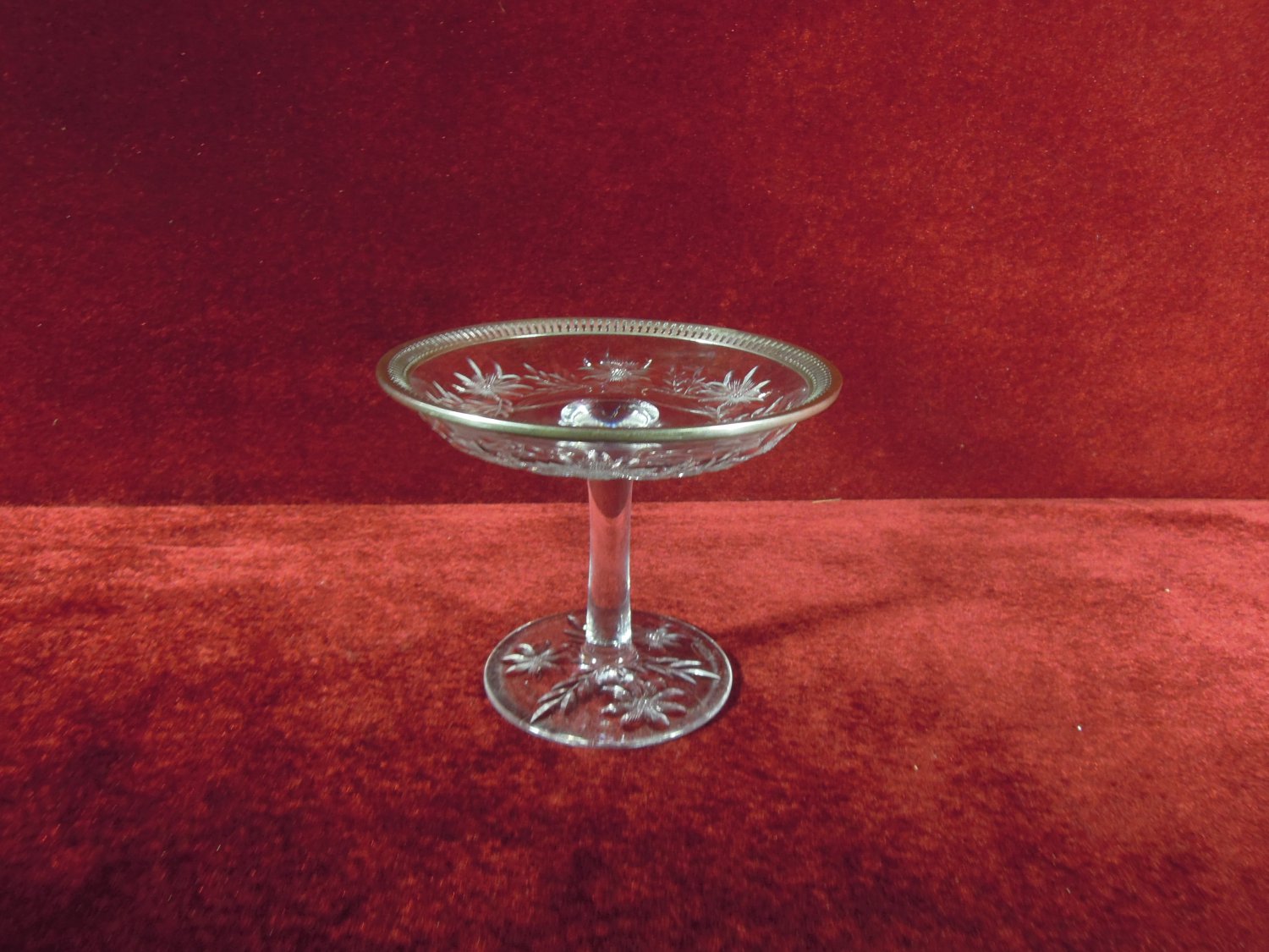 Wilcox Glass Compote Cornflower Silver-plate Reticulated Band