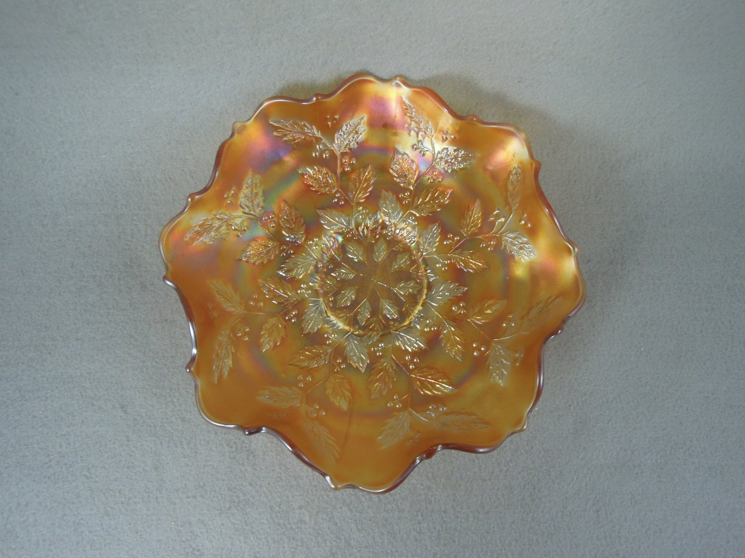 Fenton Carnival Glass Dish Holly Leaf Pattern Marigold Amber