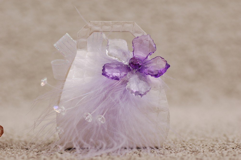 Favor Box- White purse w/purple flower and feather