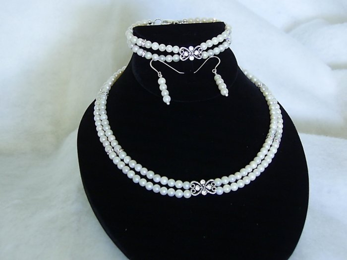 Bridal Jewelry Akoya Saltwater Pearls with Butterfly Swarovski Crystals Necklace 3 piece Set