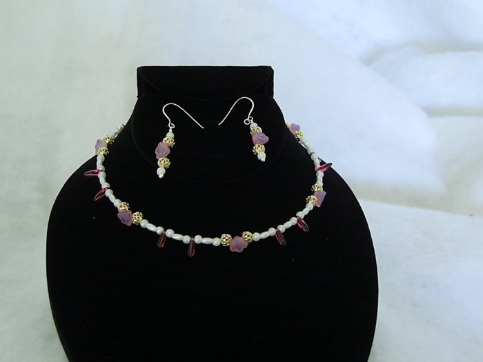 Bridal Jewelry Pink Flower with Red Tear Drop Choker with Pierced Earrings