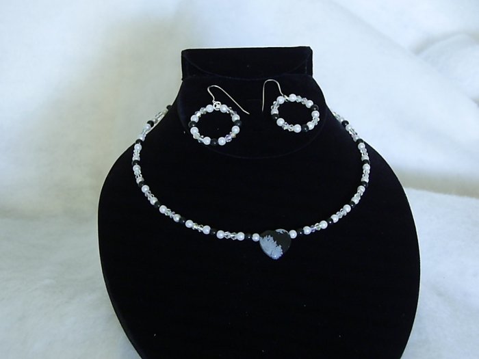 Bridal Jewelry Obsidian Snowflake Heart Choker with Pierced Earrings