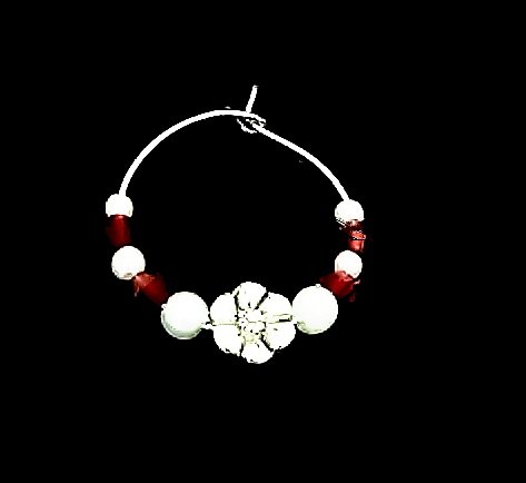 Pewter Daisy Wine Glass Charm Set of 2 Double Clear Red Chinese Crystal
