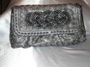 WOVEN CLUTCH EVENING BAG WITH BRAIDED CHAIN DESIGN IN PEWTER