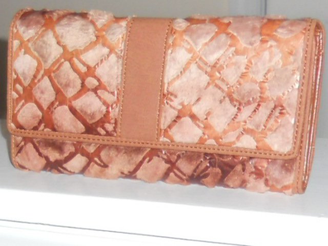PLUSH LUXURY TAN FAUX FUR AND STIMULATED LEATHER CHECKBOOK WALLET
