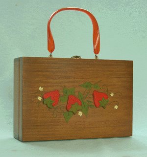 Vintage 1969 WOODEN BOX PURSE Tole Painted STRAWBERRIES