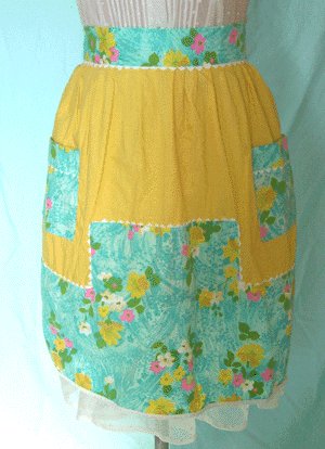 Vintage APRON 1950s Yellow with Blue FLORAL TRIM