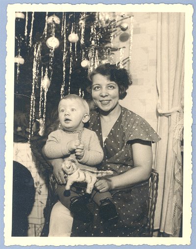Vintage PHOTO Christmas 1940s TREE Tiger pull TOY Baby