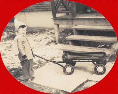 Vintage Photo CHILD WITH RED ARROW WAGON 1940s