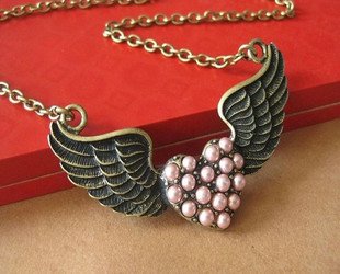 Vintage Inspired Winged Pink Pearls Heart Necklace