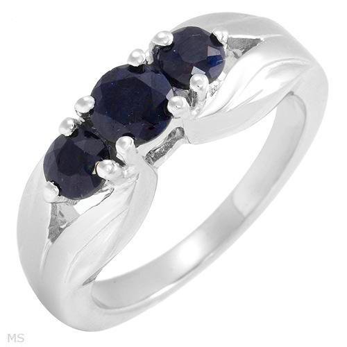 Three-Stone Blue Sapphire Silver Ring Size 7 Ladies