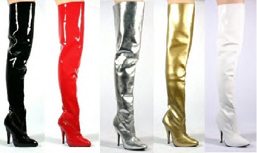 Thigh High Metallic Boots, Black, White, Silver, Gold, Red. Sizes 5 - 14, Retail $140