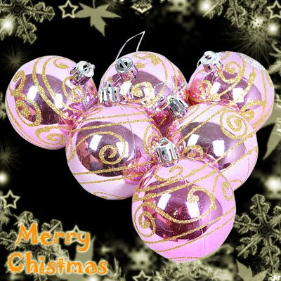 6 Pcs Pink XMAS Christmas Tree Baubles Glittery With Gold Design