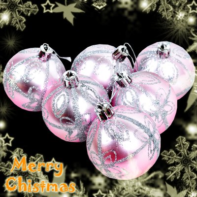 6 Pcs XMAS Christmas Tree Baubles Glittery Silver Star Pattern Design Pink#7340#