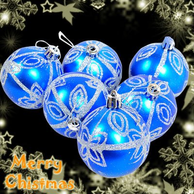 6 Blue XMAS Christmas Tree Baubles Glittery Silver Design Star Pattern