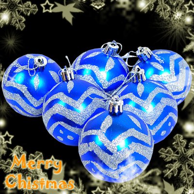 6 Pcs Blue XMAS Christmas Tree Baubles Glittery Silver Design