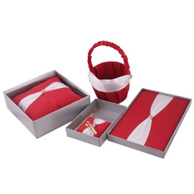Guest Book Ring Pillow Flower Basket Red with White Bow