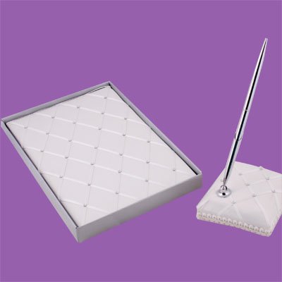 White Satin Ribbon & Rhinestone Guest book & Pen Set