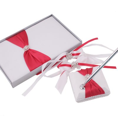 White With Red Satin Flower Ribbon Guest Book & Pen Set