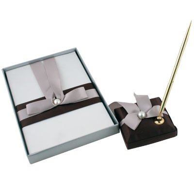 White Brown Silver Ribbon Pearl Bow Guest book Pen Set
