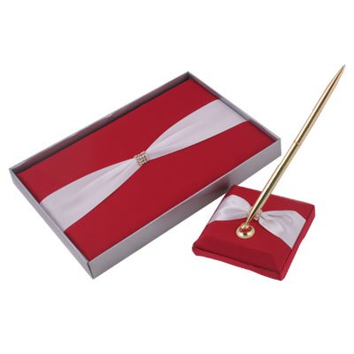 Diamond Red with White Bow Wedding Guestbook & Pen Set