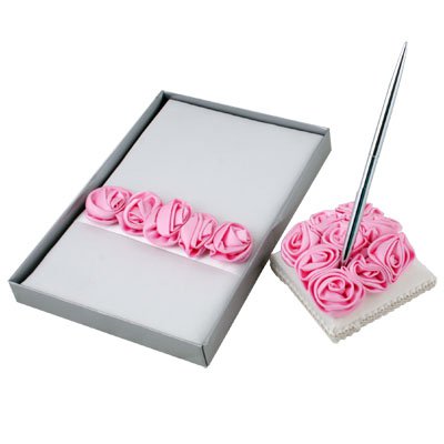 Wedding Guest Book Register Pen Set with Pink Rosettes