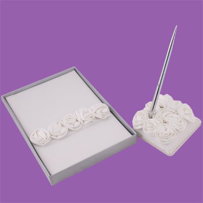 Wedding Guest Book Register Pen Set with White Rosettes