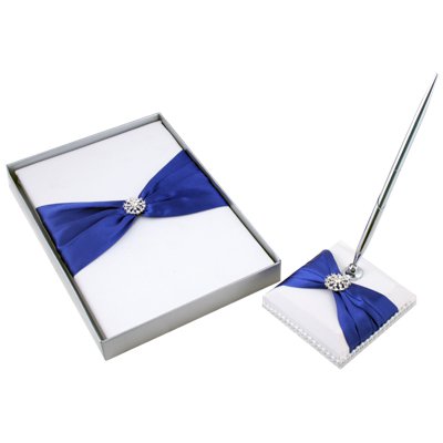 White & Blue Elegant Satin Wedding Guest Book & Pen Set