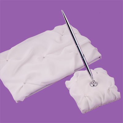 Elegant White Chiffon Wedding Guestbook and Pen Set
