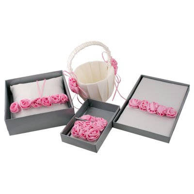 Wedding Guest Book Ring Pillow Flower Basket Pink Roses