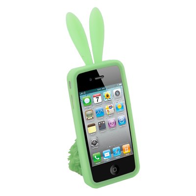 For iPhone 4 Green Rabbit Design Silicone Skin Case With Stand #7441#
