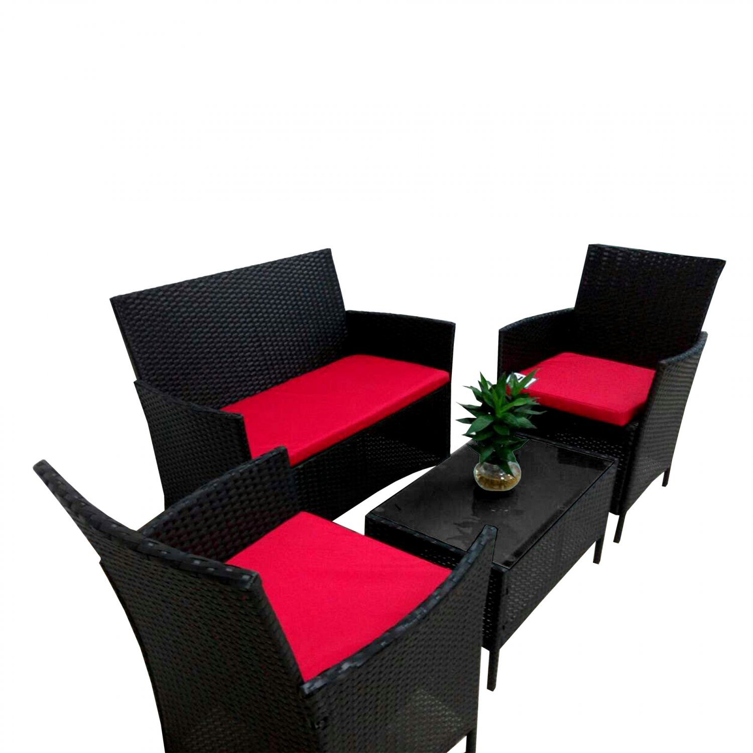 4PC Cushioned Outdoor Patio Garden Furniture PE Rattan Set Red(Ship US Country Only)#AS-17038-R#{4}