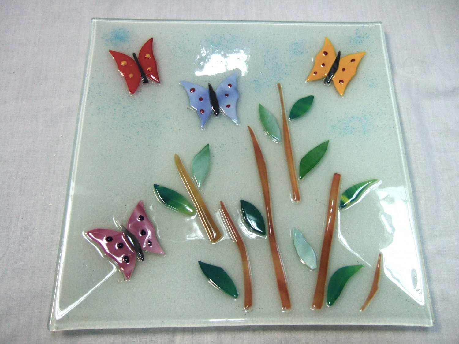 Large fused glass butterfly plate