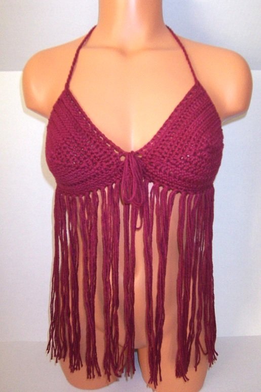 Red Wine Burgundy Crochet Fringe Top by Vikni Crochet Designs