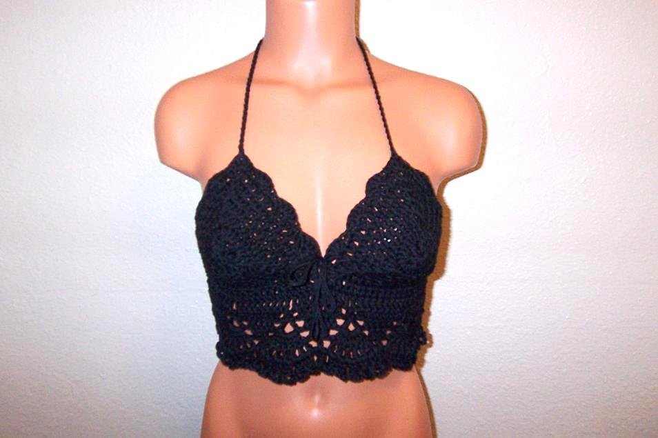 Black Hippie Crochet Crop Top by Vikni Crochet Designs