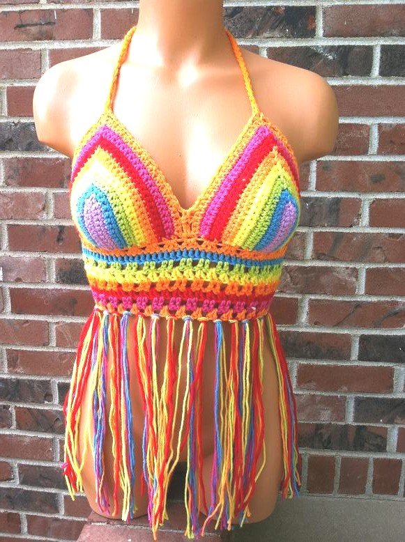 Vikni Crochet Rainbow Music Festival Lace up Fringe Halter Top